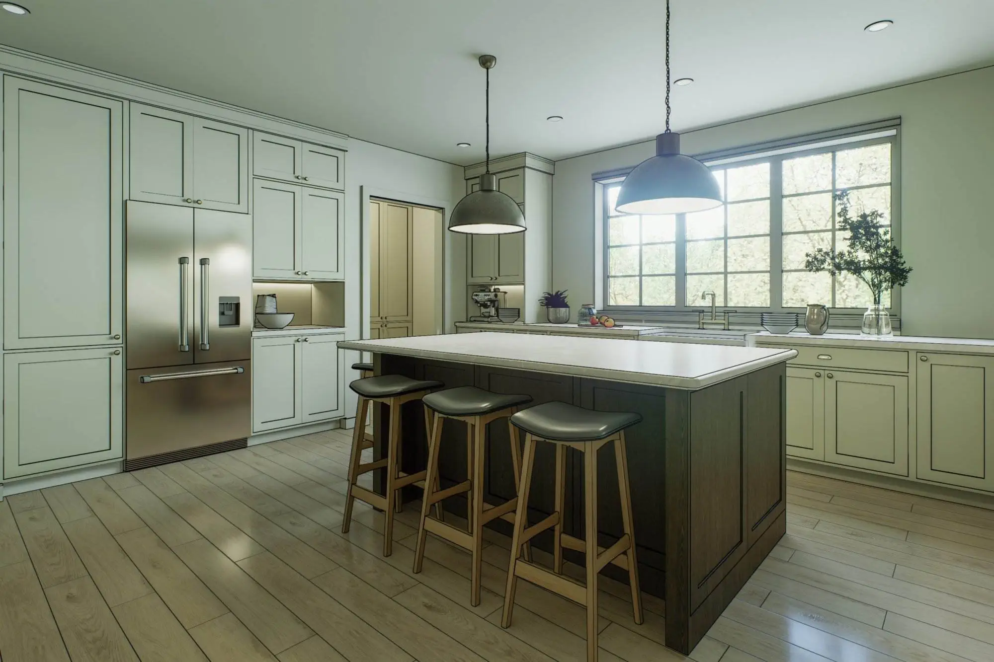 Sketch of a kitchen with black stripes overlaid on the image. Sketch Of A Kitchen With Black Stripes Overlaid On The Image.