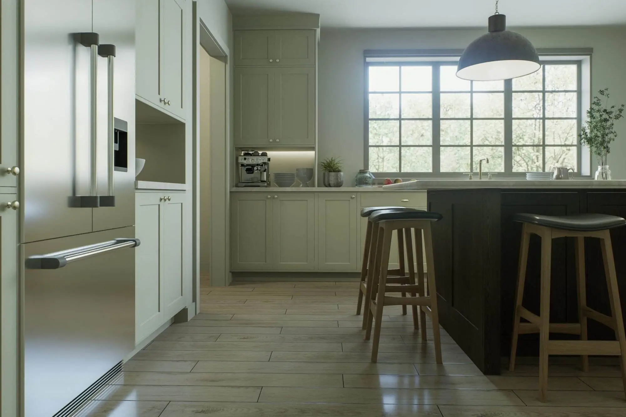 Kitchen with a large island, bar stools, metal lamps - in a traditional style. Kitchen With A Large Island, Bar Stools, Metal Lamps In A Traditional Style.
